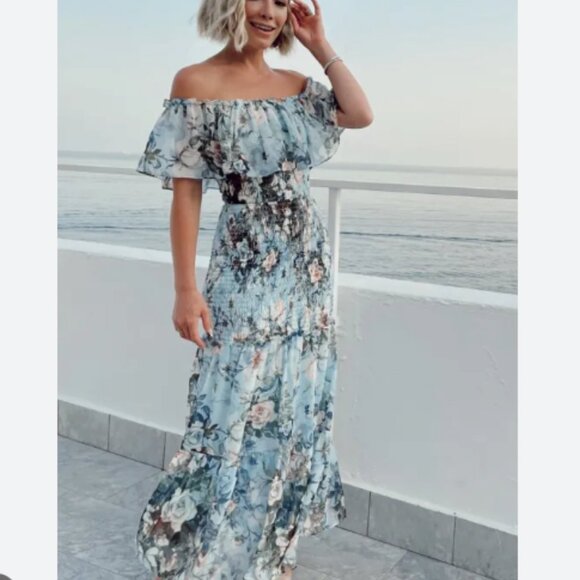Baltic Born Amalfi Smocked Maxi Dress in Blue Floral Romantic Wedding Sz 2XL - Picture 1 of 7